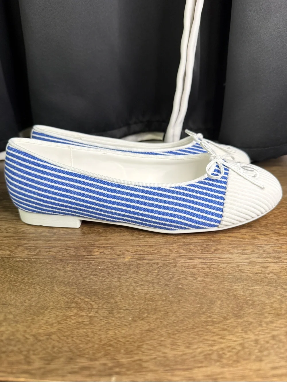 CHANEL Blue and White Striped Ribbed Cap-Toe Ballerina Flats